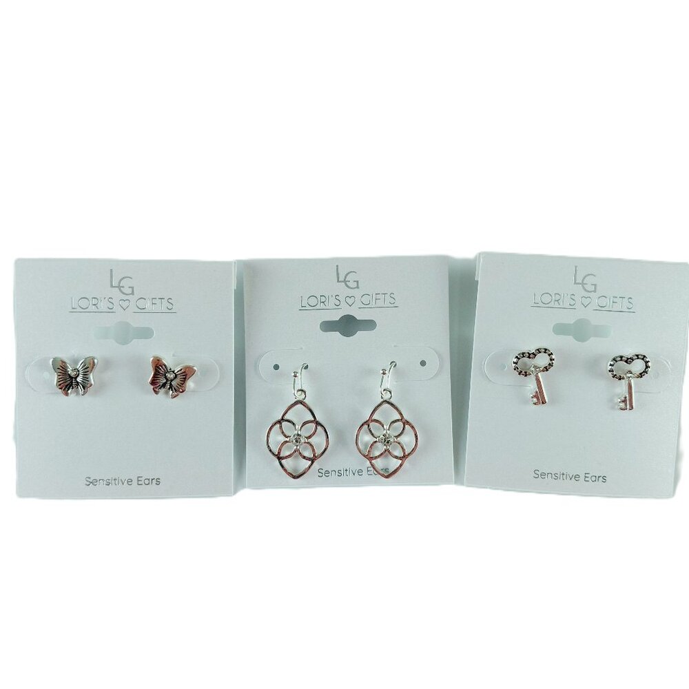 Lori's Gifts Silver Tone Earrings Bundle Butterflies Keys Quatrefoils Jewelry